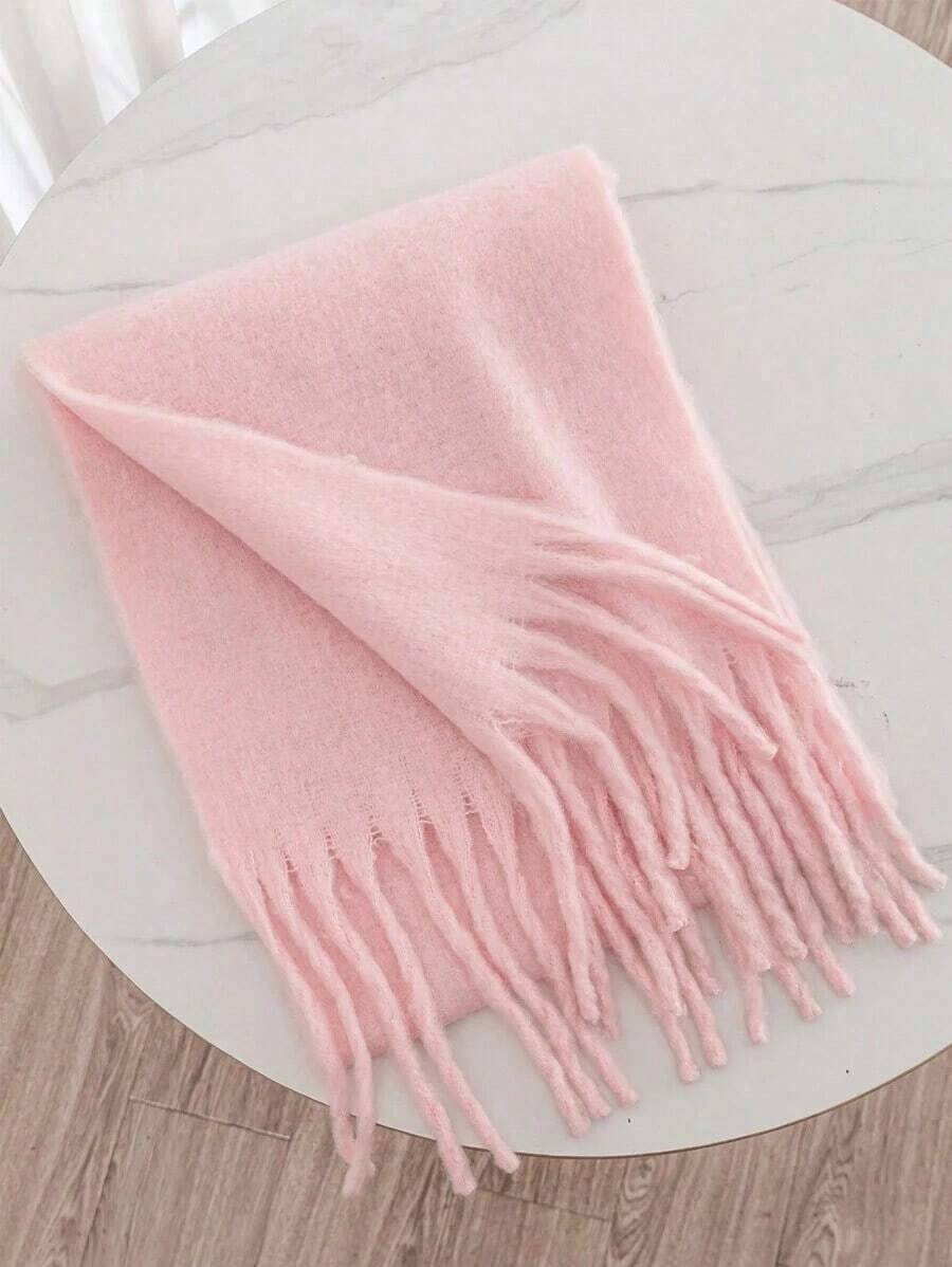 1pc Solid Color Scarf, Warm Neck Accessory, Thick Knitted Fringed Shawl, Wearable For Winter - 淺粉色 - 查看 1