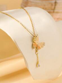 Teenage Pink Crystal Sweet Element Necklace, Moon Butterfly Ginkgo Pendant, Gold Semi-Precious Stone Delicate Choker Necklace, Daily Sweet Style Accessory - Gold - View 12