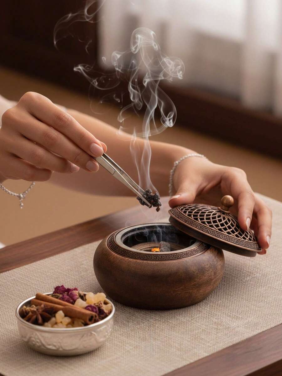 一件复古木质烛台，镂空设计，仿古青铜色装饰。适用于居家祈祷、冥想、家居及办公装饰。可作为节日礼物、乔迁礼物、纪念品或客厅装饰品，也是送给女友、生日或毕业礼物、斋月用品、开斋节礼物的理想之选。