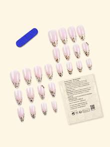 24pcs Autumn French Manicure Nail Stickers, Y2K Pink Long Pointed Fashionable Gradient Glitter Geometric Striped Dot 3D Pattern, Rhinestone Glossy, Reusable, Acrylic Press-On Nail Strips, Nail Art Supplies, Free 24pcs Jelly Nail Stickers And Mini Nail File Included - Pink - View 3