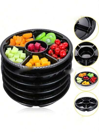 1/5/10pcs Round Plastic Trays With Lids, Convenient And Practical, 6-Compartment Food Containers, Ideal For Holding Fruits, Vegetables And Snacks, Perfect Food Storage Solution, Also Ideal Serving Trays For Parties, Buffets And Catering Events, Kitchen Essential, Great Christmas Gift