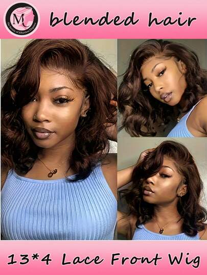 Blended Hair Is Made From Human Hair Mixed With Synthetic Fibers And Protein Filaments Short Body Wave Wig Glueless Short Wavy Bob Wigs 13x4 Frontal Lace Side Part Loose Wave Wigs For Women Shoulder Length Curly Synthetic Wig Lace Part Hair 180% Density