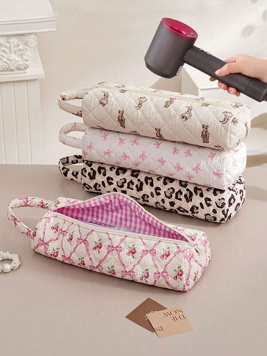 1 pieza Bolsa de almacenamiento acolchada y estampada de gran capacidad para secador de pelo, puede contener secador de pelo, rizador, pinzas para el cabello, plancha y otras herramientas de peinado, adecuada para viajes, hogar, almacenamiento de cosméticos, gran regalo para Año Nuevo, Día de San Valentín, damas de honor - Multicolor - Ver 1