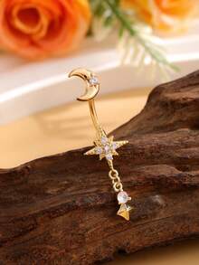 1pc Gold Moon & 8-Pointed Star Navel Ring Pendant, Stainless Steel Classic Belly Button Piercing Jewelry For Daily Wear - Moon Octagram - View 2