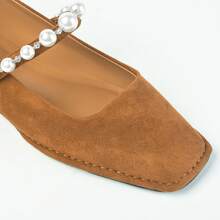 Flats For Women, Mary Jane Ballet Flats With Pearl Strap Square Toe Ballerina Walking Wedding Bride Party Dress Shoes - 棕色 - 查看 7