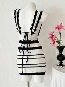 PUMPKIN Sexy Bohemian Style Color-Blocked Striped Crocheted Backless Knit Bra Paired With Ruffled Crocheted Mermaid Hem Fitted Mini Skirt Two Pieces Beach Vacation Swimsuit Cover-Up Valentine's Day Party - Black and White - View 2