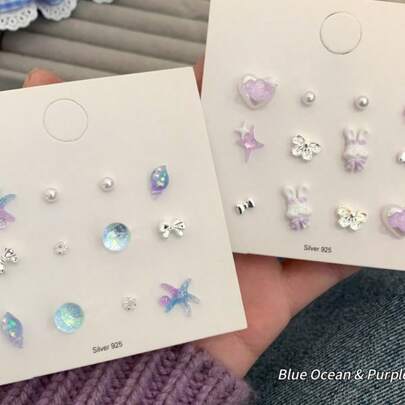 蓝色和粉色海洋系列耳环套装，几何兔子造型，蝴蝶结设计，可爱时尚耳环