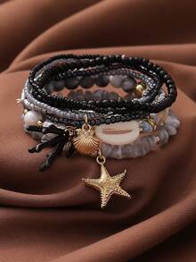 7pcs/Set Pink Series Girly Beach Vacation Style Shell, Starfish & Bead Elastic Bracelet Set, Suitable For Women's Vacation & Daily Wear (Handmade Beading, Bead Quantity And Sequence Position Random)