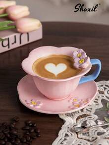 shoxil 一套咖啡杯碟，粉色立体花朵咖啡杯牛奶杯水杯陶瓷杯 - 粉紅色花瓣杯碟套裝 - 查看 3