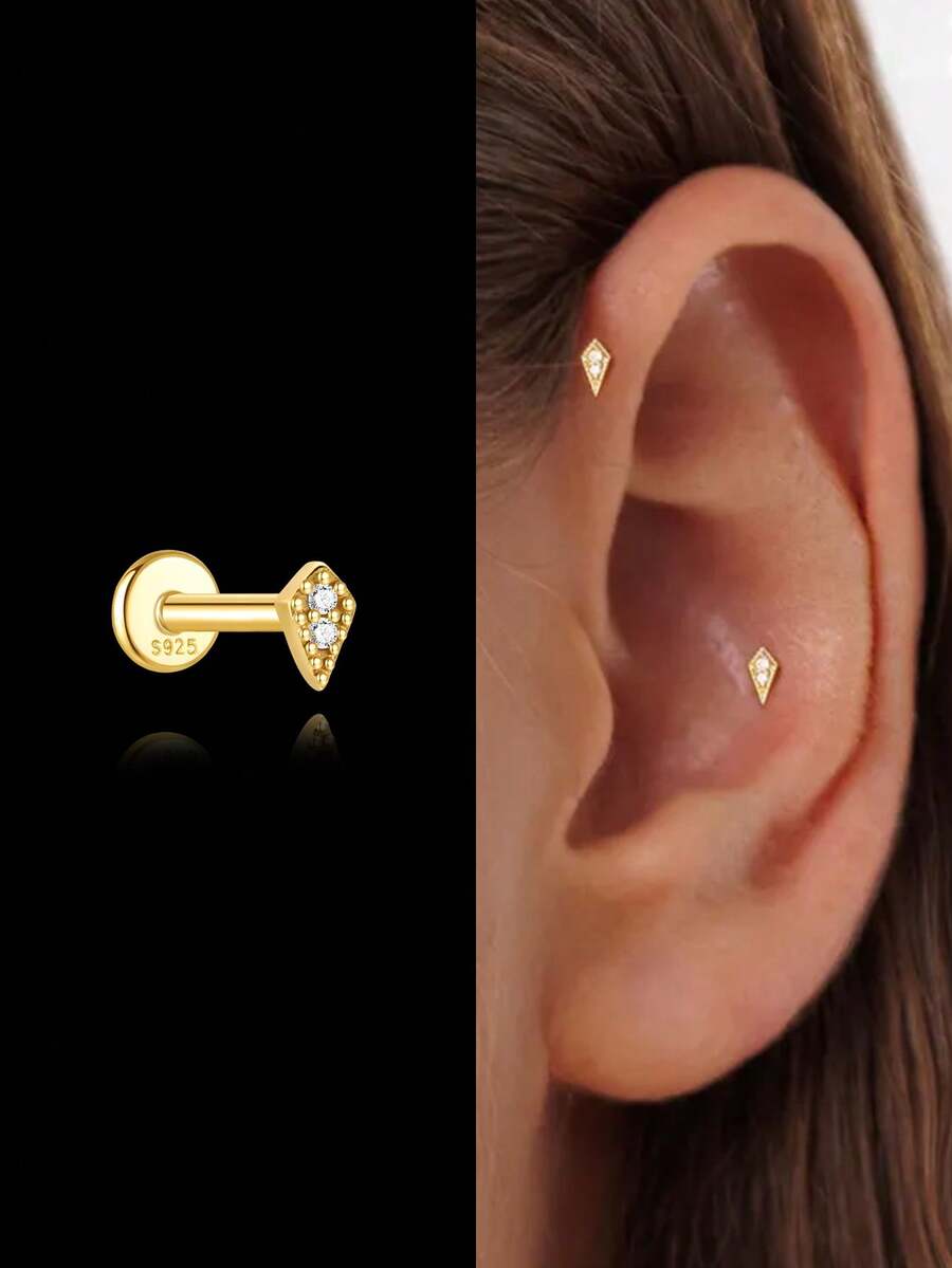 1件装925纯银耳环，女士简约平底耳骨钉，耳廓钉，耳软骨钉，适合日常佩戴、婚礼、派对、订婚等场合，精美珠宝 - 金色 - 查看 1