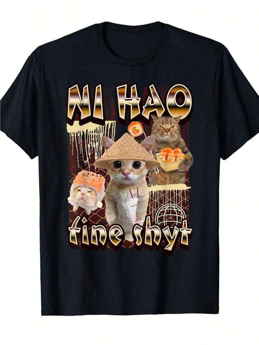 Ni Hao Fine Shyt Funny Brainrot Gen Z Meme Crew Neck T-Shirt - Black Casual Short Sleeve T-Shirt With Cartoon Cats In Hats And Bold Typography Print, Regular Fit For Men, All Season Comfort, Machine Washable, Cat T-Shirt, Daily Comfort Wear, Graphic T-Shirt, Digital Print Quality, Travel Clothes, Stylish T-Shirt, Durable Material, Followers - 黑色 - 查看 1