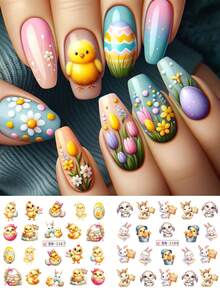 Pegatinas de transferencia de agua para decoración de uñas con diseño de conejo, huevo y flor de dibujos animados - Pegatinas deslizantes de arte de uñas con diseño lindo, accesorios de manicura y suministros de arte de uñas - Multicolor - Ver 4