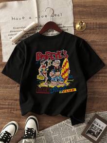 Popeye [Collaborazione ] 1 pezzo Maglietta girocollo a maniche corte con stampa grafica casual per ragazzi, abbigliamento estivo per studenti e giovani - Una maglietta accattivante che porta gioia e felicità a ogni bambino! - nero - Visualizzare 3