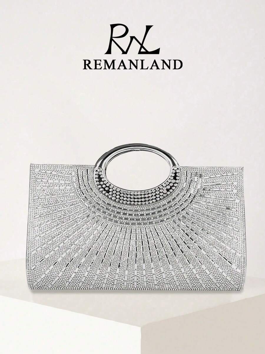 REMANLAND 轻盈商务休闲水钻装饰抽绳迷你水桶包，透明仿珍珠晚宴手拿包，优雅高端精致奢华水钻派对女士新娘完美晚宴圣诞婚礼礼服 - 銀色 - 查看 1