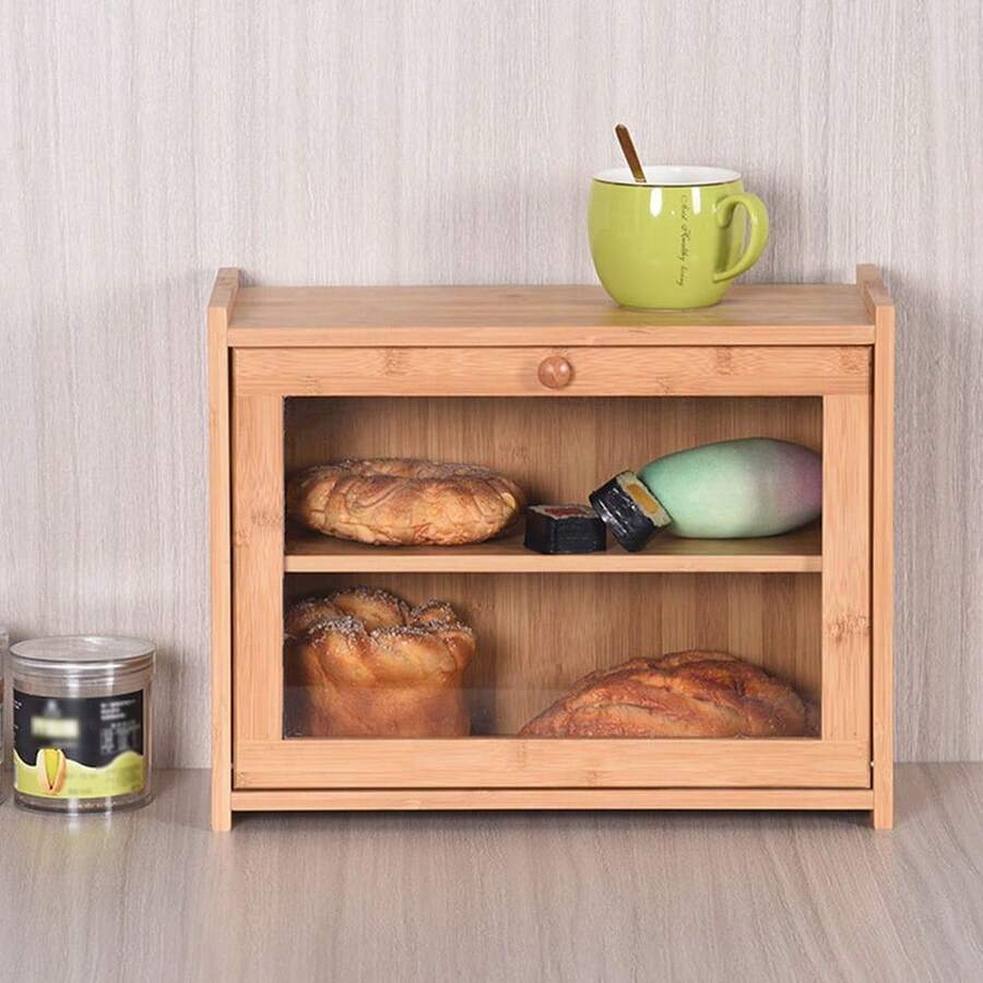 LIVINGANDHOME 2-Tier Countertop Bread Storage Box With Frontal Knob Transparent Display Window Moisture-Proof Kitchen Organiser - Natural 40cm W X 17cm D X 31cm H - View 1
