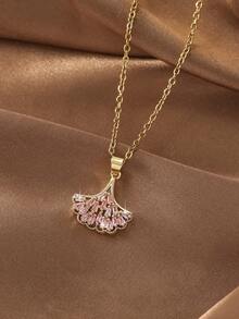 1件奢华闪亮锆石银杏叶吊坠项链，精致的锆石镶嵌银杏叶设计，适合情侣约会和日常佩戴，独特的银杏叶纹理提亮肤色，甜美项链 - 銀杏葉 - 查看 3