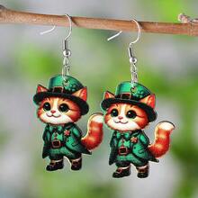 一对圣帕特里克节复古绿色三叶草波点幸运吊坠耳环，圣帕特里克节简约木质双面耳环，女士礼物 - 綠色三葉草 - 查看 9