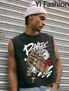 YIFASHION Graffiti Black Hand Money Pattern Print, Black Washed Old Vest, Black Breathable Loose Casual Style Vest, Suitable For Daily Home And Outdoor Fitness Men's Black Sleeveless Vest. - 黑色 - 查看 2