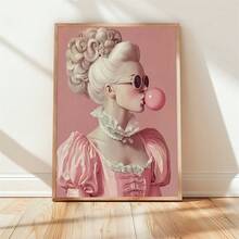 1幅复古泡泡糖肖像帆布画，帆布墙画，粉色复古海报，适用于办公室、学校、美术教室装饰，适合万圣节、单身派对、海滩派对、周年纪念日等场合，不含画框