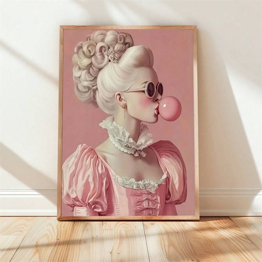 1幅复古泡泡糖肖像帆布画，帆布墙画，粉色复古海报，适用于办公室、学校、美术教室装饰，适合万圣节、单身派对、海滩派对、周年纪念日等场合，不含画框