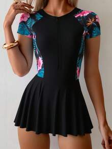 1 件热带印花女式连体泳衣，拉链开合，收腰，高端保守沙滩运动连体衣夏季