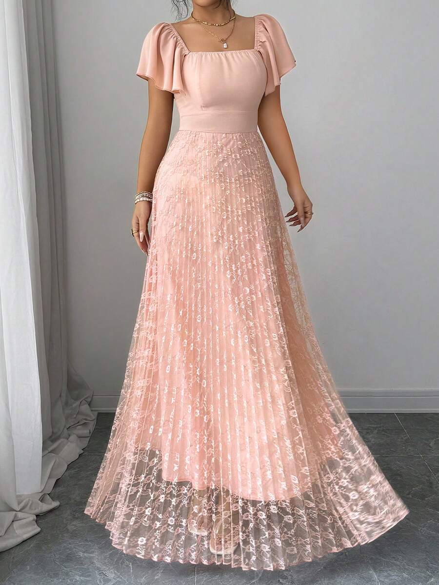 女士方领插肩袖优雅蕾丝连衣裙，粉色褶皱长裙，阿拉伯风格连衣裙，夏季度假装，婚礼宾客礼服 - 粉色 - 查看 1