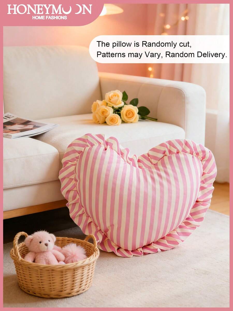 1pc Heart Pattern Throw Pillow, Single-Sided Print, Romantic French Style With Ruffle Edge, Suitable For Living Room, Bedroom, Dorm, Sofa Decor, Couple Gift, Machine Washable - Multicolor - View 1