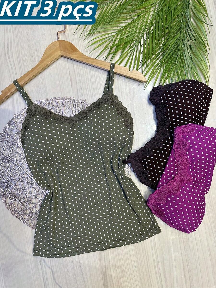 Set Of 3 Polka Dot Tank Tops With Built-In Bra Cups, Made Of Pretty Viscose/Lycra Fabric. - Army Green + Brown + Purple - View 1