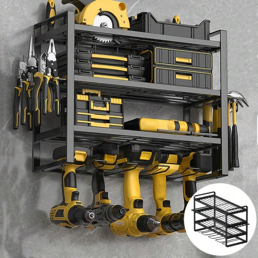 Zware 4-lagen Wandmontage Gereedschapsrek met 8-sleuven Elektrisch Gereedschap Houder - Stevige Metalen Garage Werkplaats Plank, Ruimtebesparende Verticale Gereedschapopslag voor Boren, Zagen, Slijpers - Eenvoudige Installatie met Voorgeboorde Gaten voor Garage, Thuis, Opslagrekken - Schwarz – 4 Lagen - Übersicht 1