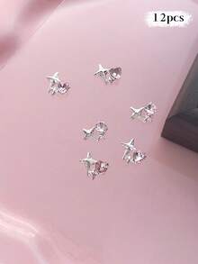 12/240件粉色系列金属美甲饰品：心形、行星、月亮、十字架、蝴蝶结、泰迪熊、星光、水钻银色美甲装饰，奢华金属美甲用品，闪亮粉色水晶美甲宝石，适用于多功能DIY美甲配件 - 彩色 - 查看 12