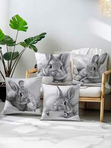 4pcs Sketch Cute Rabbit Printed Pillow Covers | 17.7x17.7in, Polyester, Machine Washable, Zipper Closure, Suitable For Living Room And Bedroom Decor - Black and White - View 5