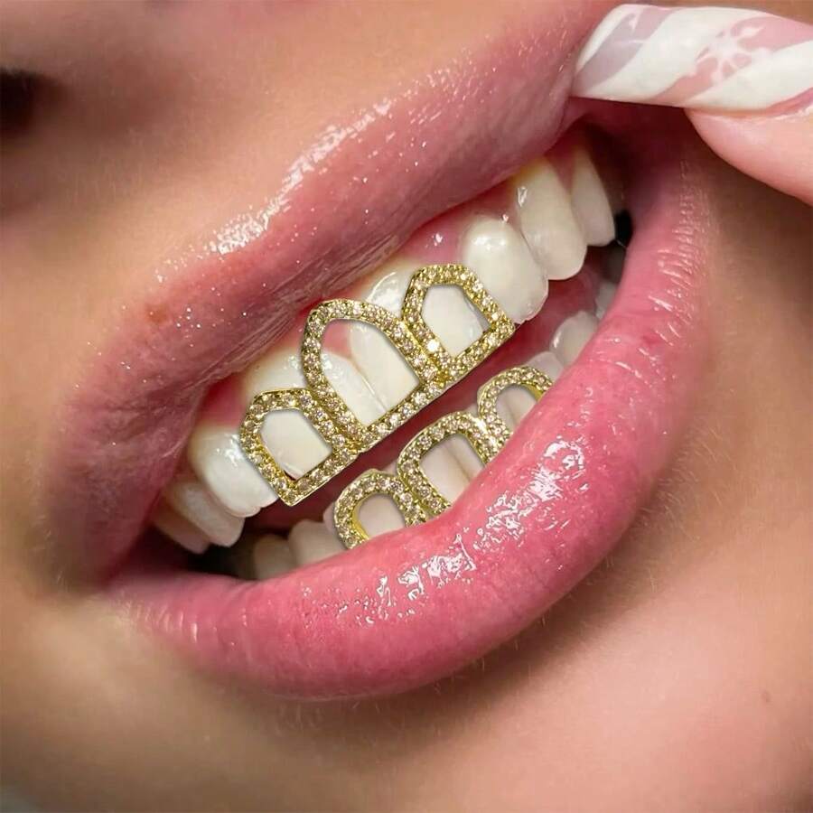 一套时尚锆石水滴格纹三合一牙套，男女通用，适合日常、节日、派对佩戴 - 彩色 - 查看 1