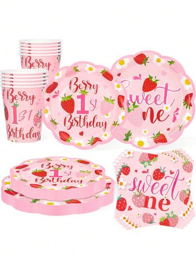10pcs/50pcs/80pcs Pink And Red Strawberry 1st Birthday Decorations Berry First Birthday Scalloped Paper Plate Cups And Napkin Dinnerware Sets For Strawberry First Birthday Baby Shower Party Supplies Decor