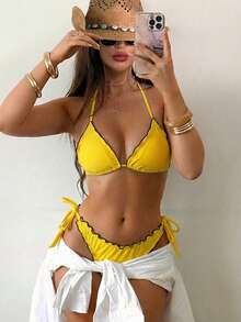 Bikini de 2 piezas para mujer en amarillo soleado con ribete de volantes, bloques de color con ribete negro, ajuste delgado ajustable con múltiples lazos para viajes - Amarillo - Ver 2