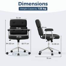 COSTWAY Office Chair, PU Leather Upholstered Desk Chair With Button Tufted Back & Padded Armrests, Height Adjustable Swivel Chair With Rocking Function & Rolling Wheels For Home Office, Black - Black - View 3