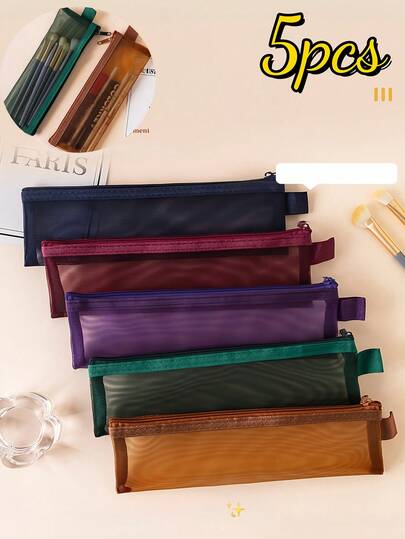 5pcs/1pc Large Capacity Nylon Mesh Toiletry Bag, Multi-Functional Stationery Pouch, Cosmetic Bag, Stationery Organizer, Portable Waterproof Makeup Bag, Multi-Purpose Cosmetic Bag, Stationery Pouch, Cable Organizer, Coin Purse