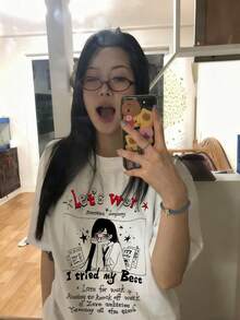 2026春夏新款女式休闲宽松英文卡通图案圆领套头衫 - 白色 - 查看 2