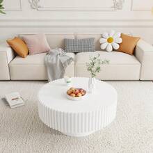 31.49" Walnut Coffee Table Round Wood, Modern Unique Fluted Tea Table, Contemporary Drum Circle Accent Center Table For Living Room, Small Space, Apartment - 白色 - 查看 9