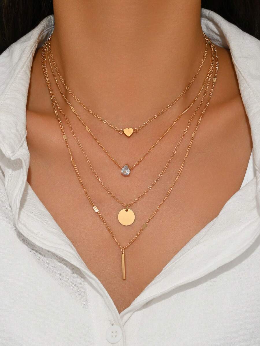 1pc Gold Women's Multi-Layer Pendant Necklace With Heart Pendant Necklace, Stylish And Simple, Suitable For Everyday Wear And As A Gift - Gold - View 1