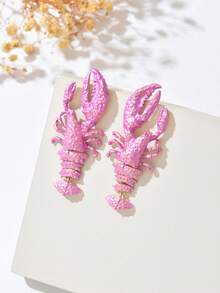 1 Pair Summer Beach Style Exaggerated Ocean Lobster Metal Enamel Earrings, Bohemian Resort Personalized Design Dangle Lobster Earrings Suitable For Women Everyday & Holiday Wear - Pink - View 4