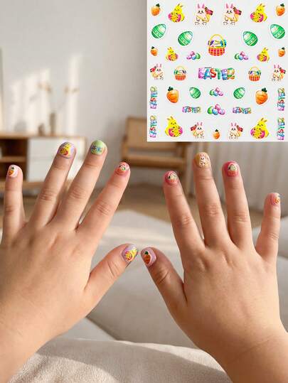1 Easter Themed Children's Nail Sticker, Cartoon Rabbit Easter Egg Bow 3D Nail Sticker, Girl Easter Party Decoration Nail DIY Toy Baby Holiday Gift Easy To Stick And Tear Easter Children's Fun Nail Decoration Sticker Suitable For Girls Aged 3-12 Years Old Easter Elemental Nail Sticker Nails