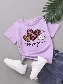 Young Girl Summer Casual Heart Print Short Sleeve T-Shirt - Mauve Purple - View 1