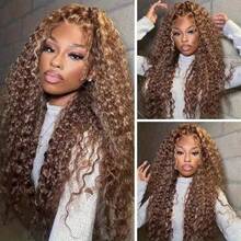 34英寸蜜金色4/27深波浪13x4蕾丝前假发，真人发，200%密度，混合真人发，预先拔毛 #P4/27 深卷波浪高清蕾丝前假发，女士款 - SP4/27 - 查看 3