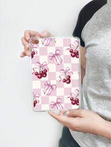 Aesthetic Style Pink & White Checkered, Bow & Cherry Pattern Transparent Tablet Case, Compatible With IPad A16, IPad 10.2 7th Gen 2019, IPad Pro 11-Inch 2020, IPad Air 5th Gen 2022, Suitable For 10th Gen IPad - Clear - View 13