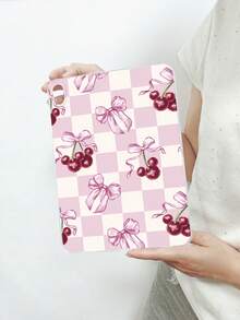 Aesthetic Style Pink & White Checkered, Bow & Cherry Pattern Transparent Tablet Case, Compatible With IPad A16, IPad 10.2 7th Gen 2019, IPad Pro 11-Inch 2020, IPad Air 5th Gen 2022, Suitable For 10th Gen IPad - Clear - View 10