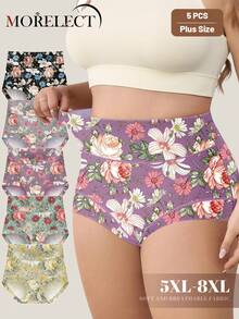 Morelect 5pcs/Pack Women Plus Size High Waist Soft & Comfortable Printed & Contrast Color Design Panties, Daily Underwear - Multicolor - View 2