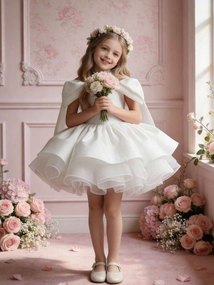 Vestido elegante blanco de niña preadolescente con lazo para dama de honor, vestido formal corto para boda, vestido de princesa, vestido de graduación, fiesta, Navidad, cumpleaños - Blanco - Añade 4