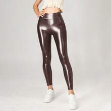 亮黑色弹力PU皮革紧身裤，修身款式，适合跑步、健身、瑜伽等运动。 - 棕色 - 查看 8