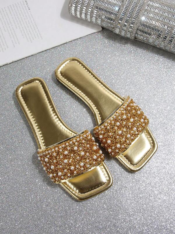Elegant Solid Color Lightweight Luxury Non-Slip Outdoor Resort Beach Comfortable Versatile Rhinestone Pearl Flat Mule Open Toe Slippers, Size 41-42-43, Daily Wear, Korean French Style Plus Size Women