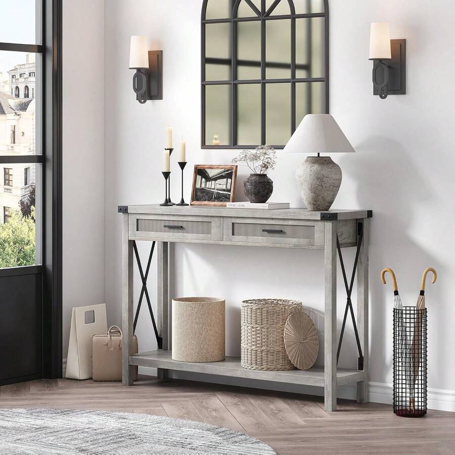 Mesa de entrada bohemia con cajones de ratán, consola para entrada, mesa auxiliar de madera de 109 cm con espacio de almacenamiento para sala de estar, pasillo y recibidor. - Gris - Ver 1